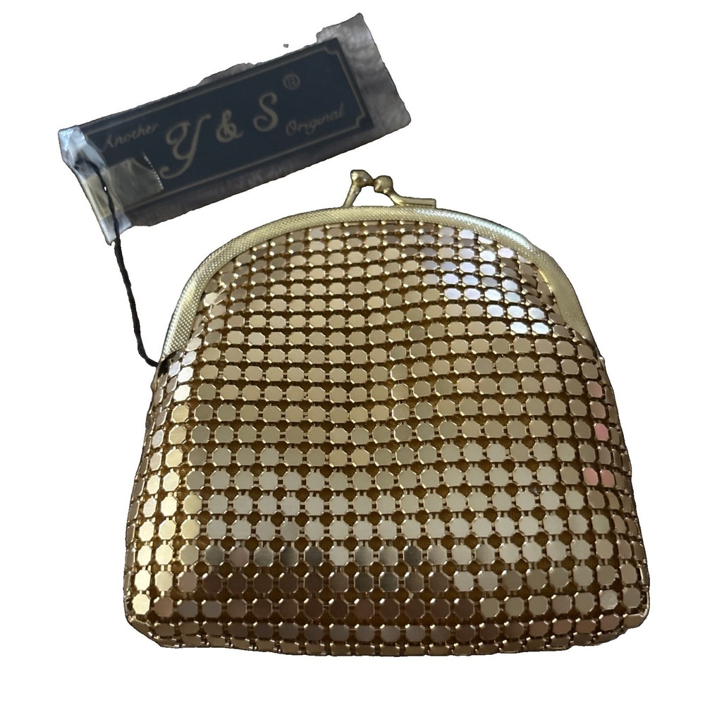 VTG Y&S Gold Metal Mesh Evening Clutch Wallet Purse Kiss Lock Art Deco Glam 4x4"